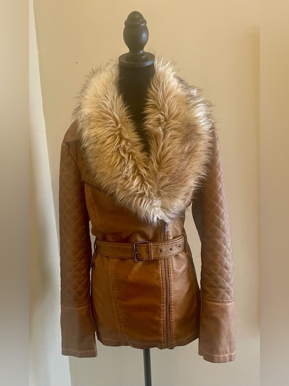 Scully Tan Leather Jacket with Plush Faux-Fur Collar
